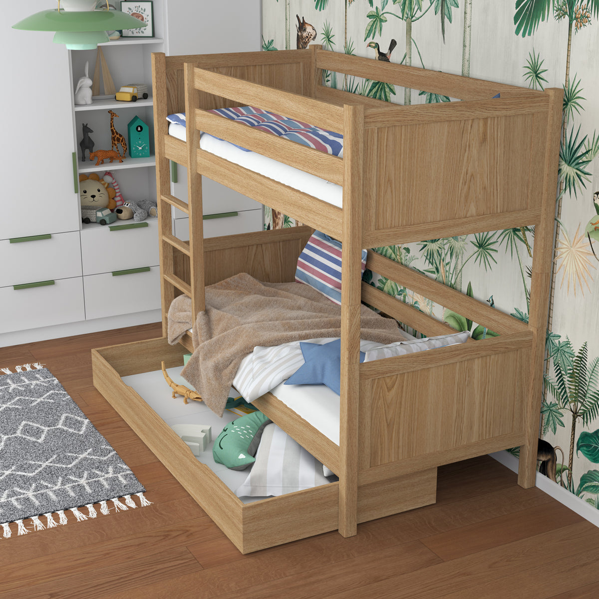 Letto a castello quercia naturale con cassetto – sponda e scala in quercia, Nizio