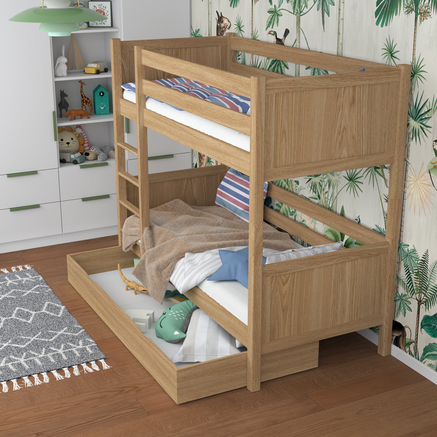 Letto a castello quercia naturale con cassetto – sponda e scala in quercia, Nizio