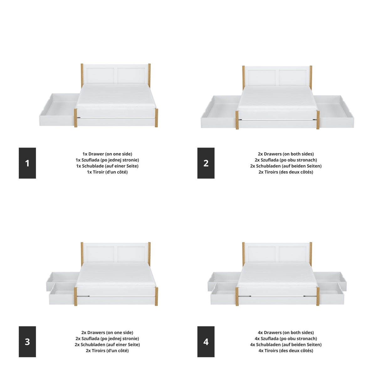 Letto matrimoniale bianco con quercia con cassetto in camera da letto – allestimento scandinava