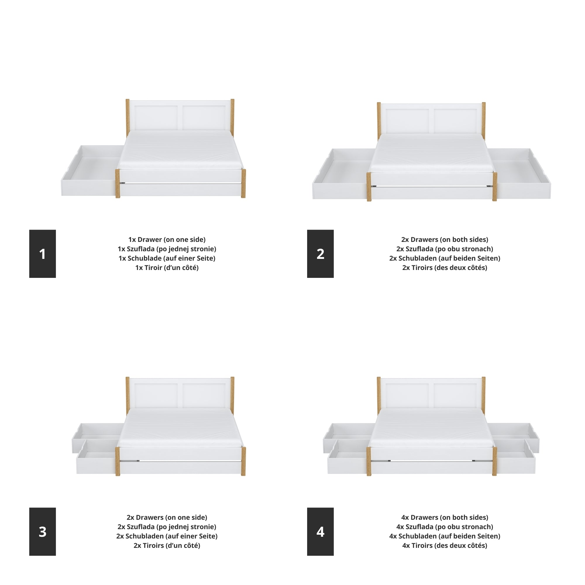 Letto matrimoniale bianco con quercia con cassetto in camera da letto – allestimento scandinava