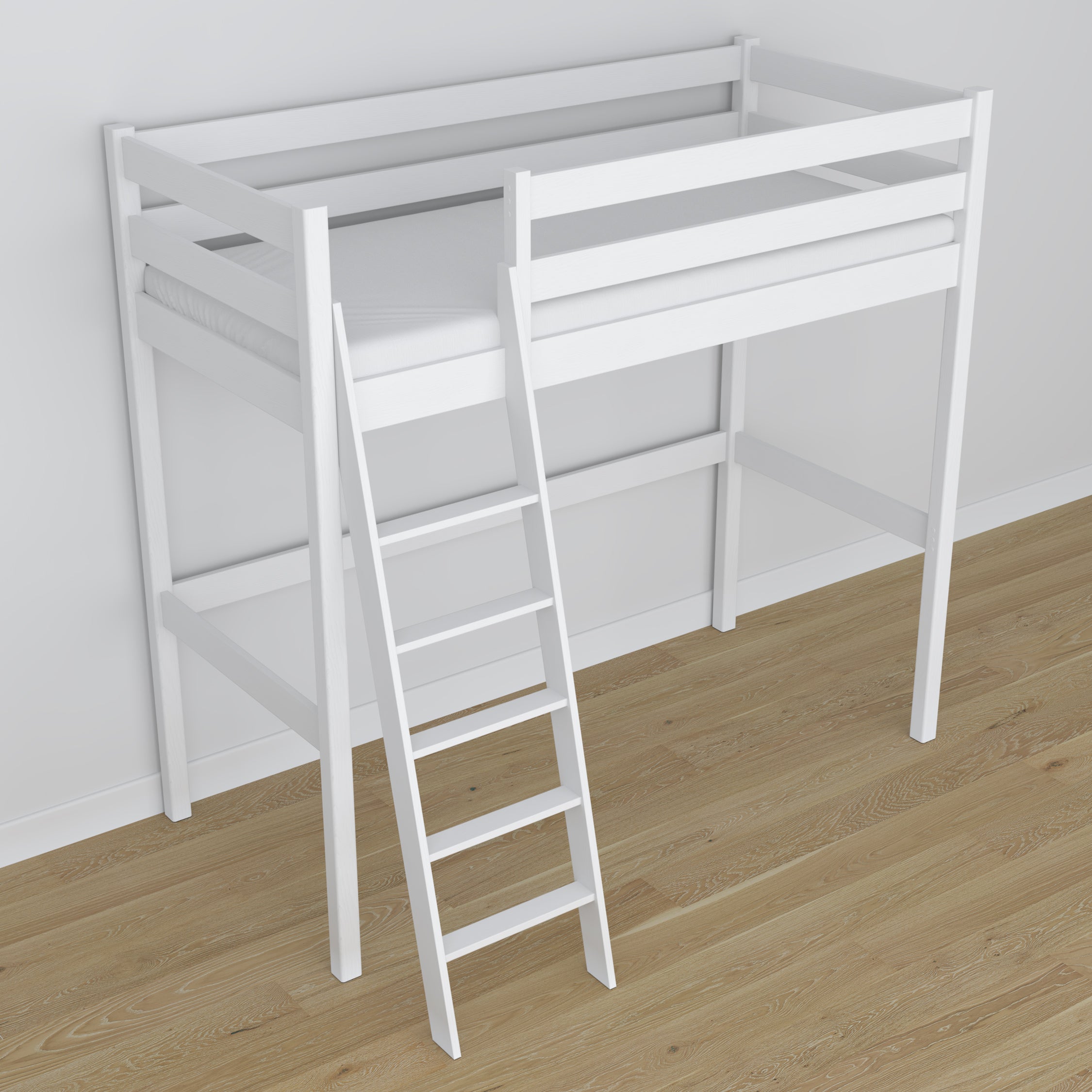 Letto a soppalco bianco – montanti e giunzioni in legno, dettaglio su qualità