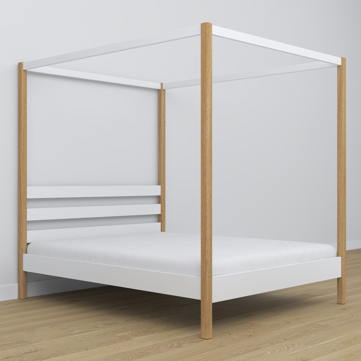 Letto matrimoniale bianco-quercia con baldacchino – cornice decorativa in legno, scandi