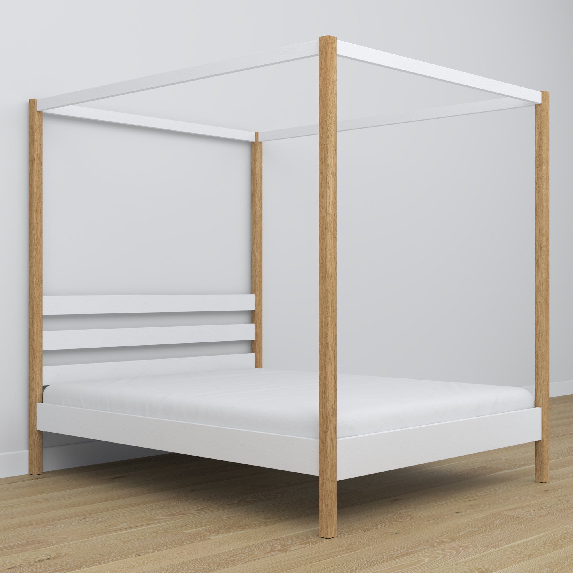 Letto matrimoniale bianco-quercia con baldacchino – cornice decorativa in legno, scandi