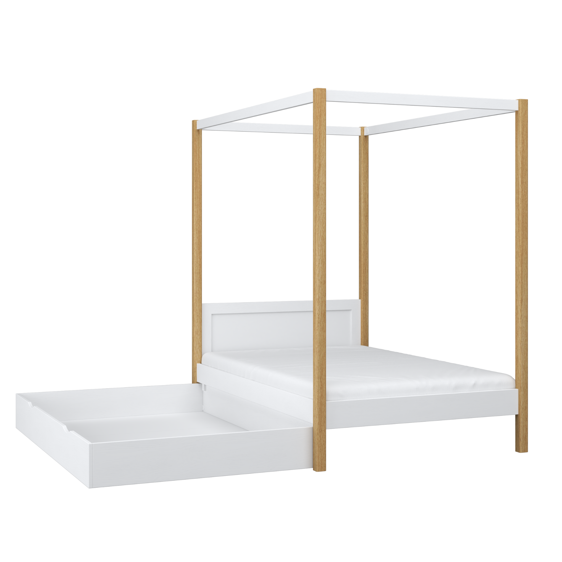 Letto bianco-quercia con baldacchino e cassetto – vista laterale, in legno