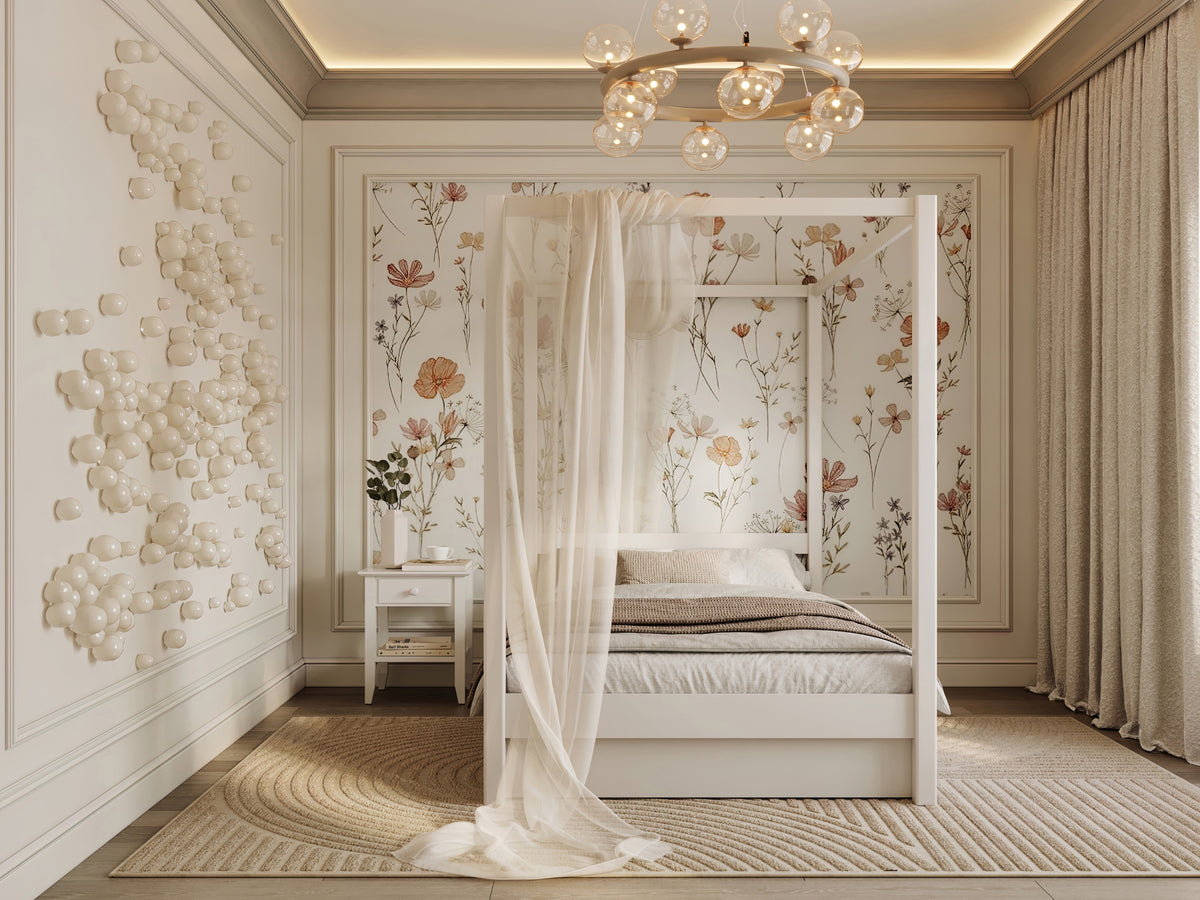 Letto con baldacchino in legno bianco – cornice decorativa, stanza per bambini
