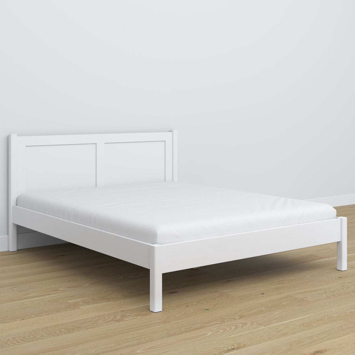 Letto matrimoniale in legno bianco – gambe e base, dettaglio su dettaglio