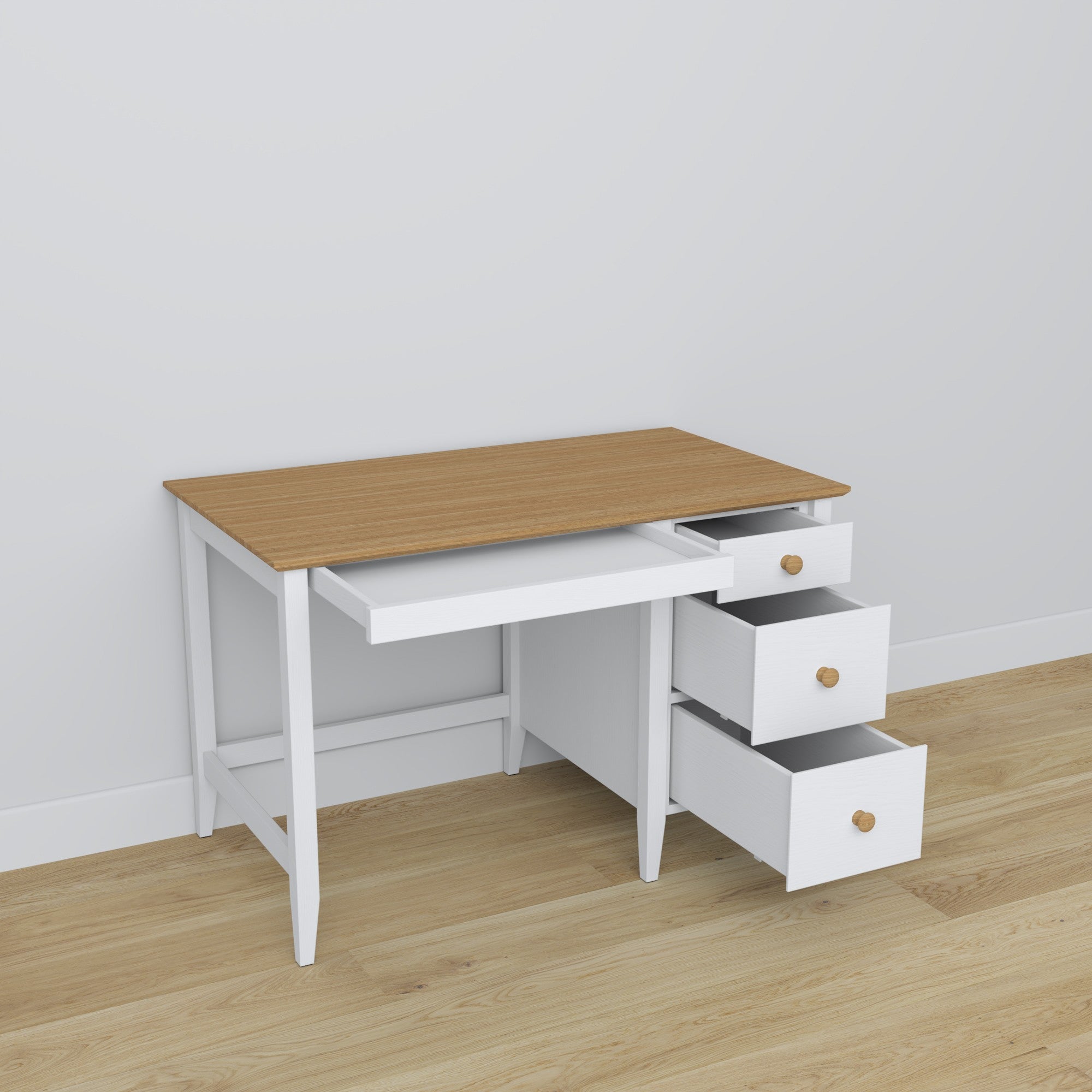 Desk 3S white with oak – wooden, compact tabletop, front view, Nizio