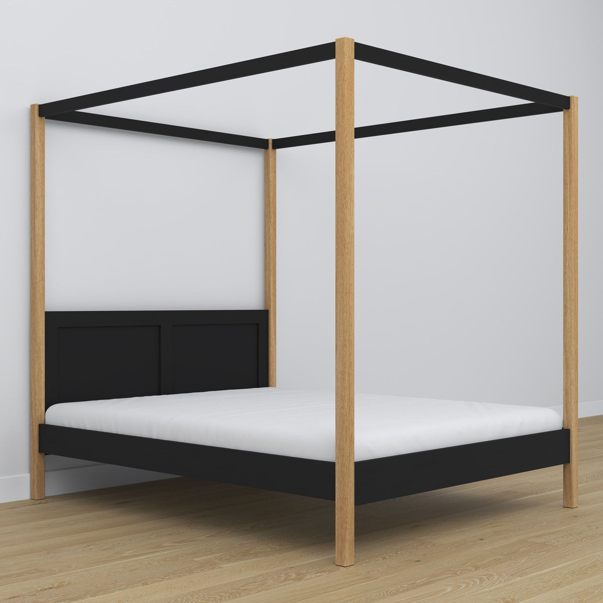 Wooden black-oak canopy bed – dimensions and diagram, Nizio Home