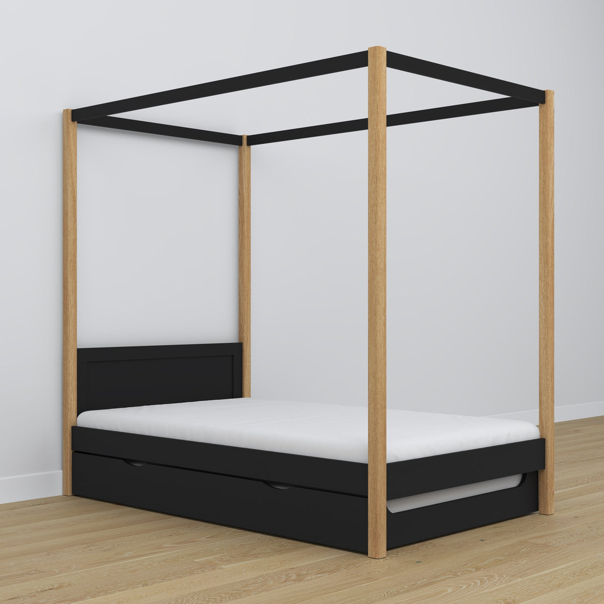 Black and Oak Canopy Bed – Drawer for Additional Mattress, Wooden
