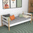 Letto divano in legno bianco-quercia – vista laterale, volume del mobile del mobile e proporzioni del mobile