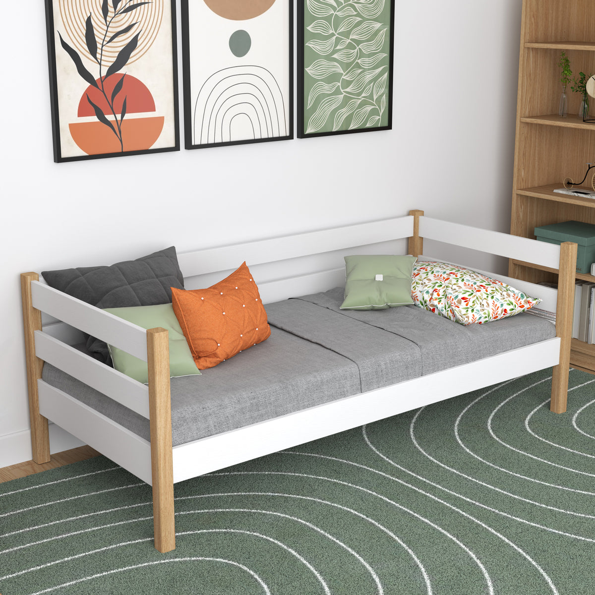 Letto divano in legno bianco-quercia – vista laterale, volume del mobile del mobile e proporzioni del mobile