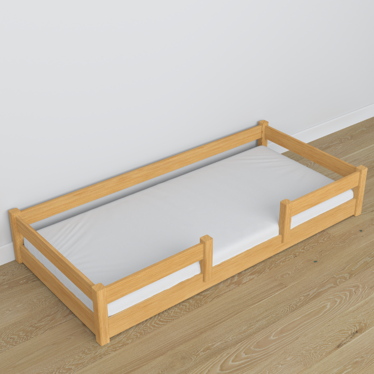 Letto basso pino naturale in camera da letto – allestimento scandinava, in legno