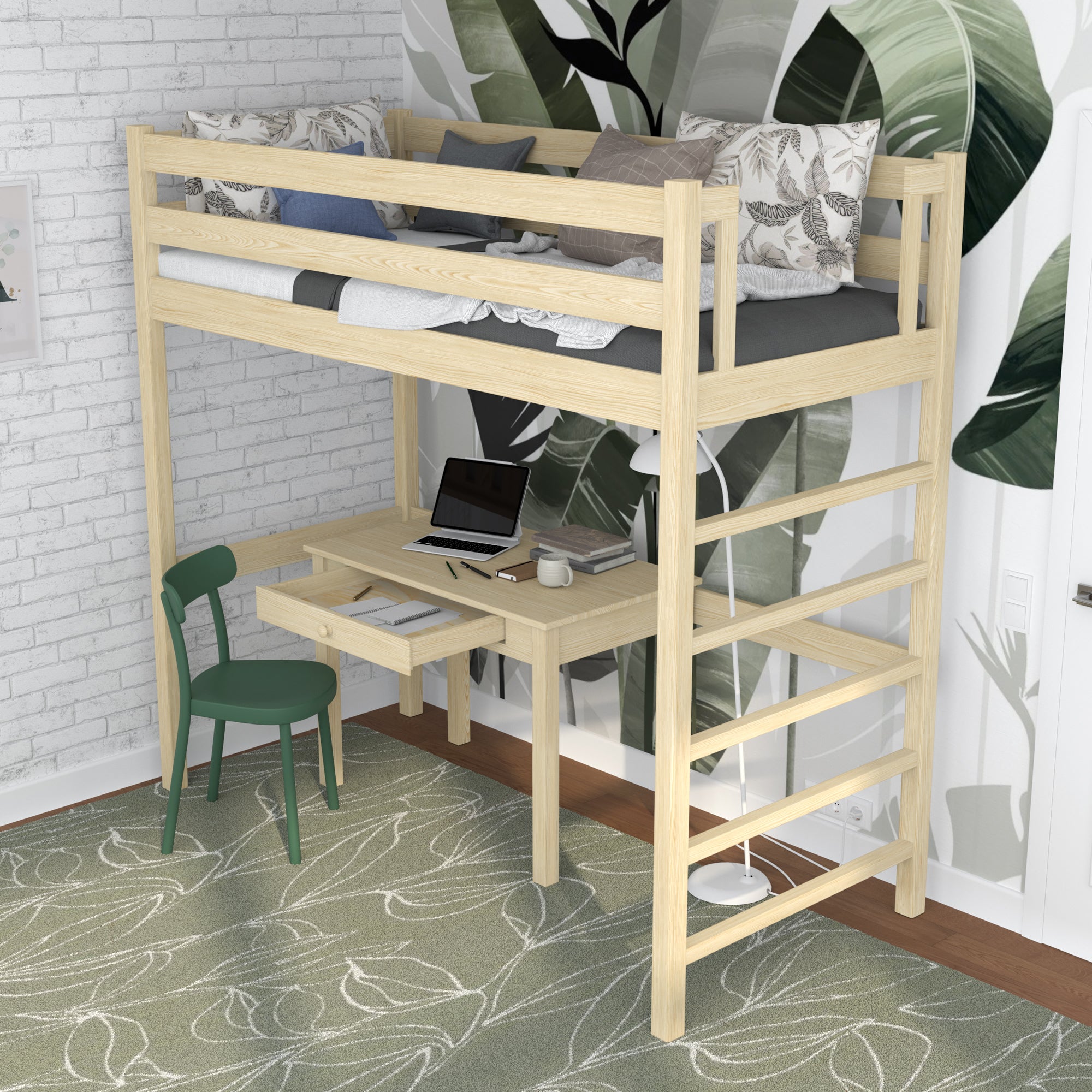 Letto a soppalco in legno pino trasparente – spazio libero sotto camera da letto, Nizio