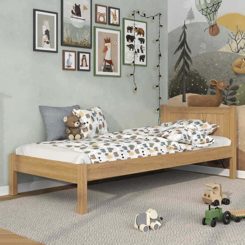 Letto singolo in rovere naturale – stanza per bambini, legno massello, stile scandi