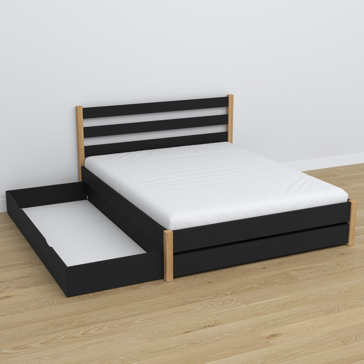 Double bed with wooden drawer black with oak – open drawer, spacious interior