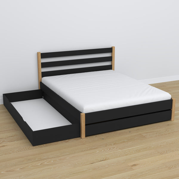 Double bed with wooden drawer black with oak – open drawer, spacious interior
