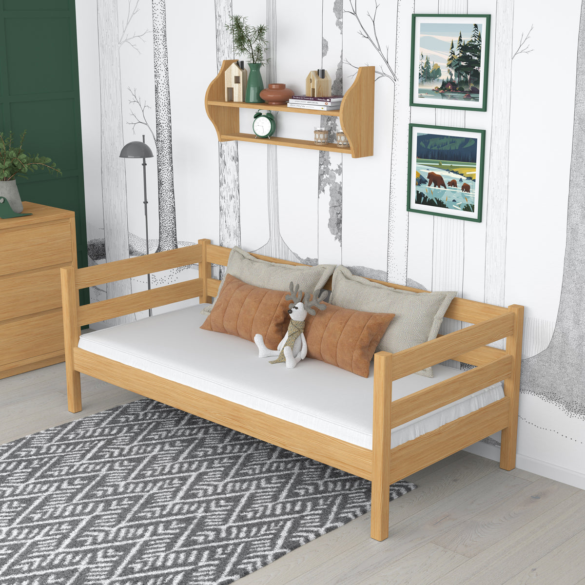 Letto divano pino naturale in nella cameretta dei bambini – allestimento scandi, in legno