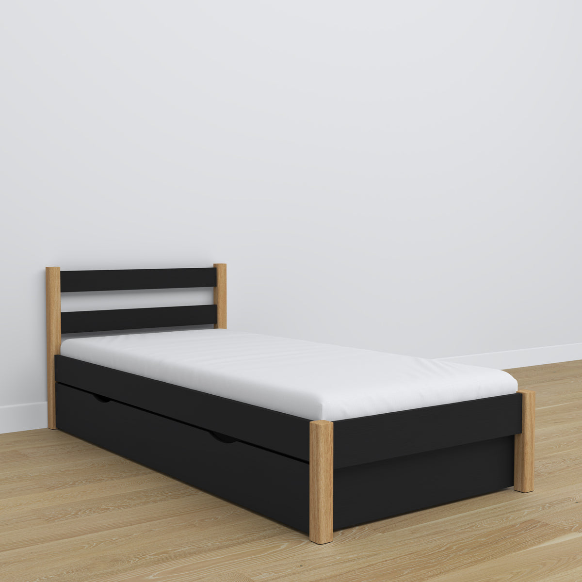Wooden bed with drawer black-oak – dimensions and diagram, Nizio Home