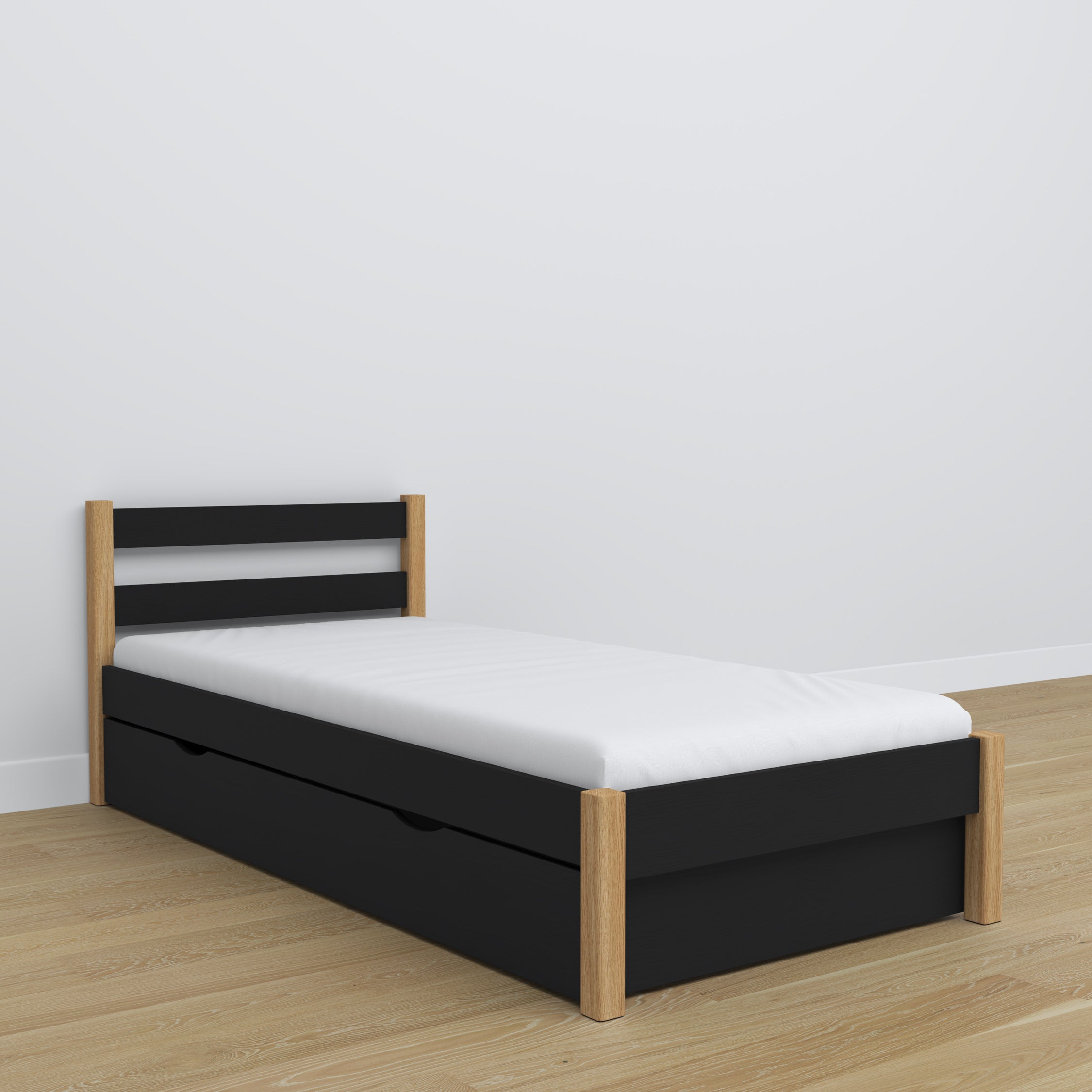 Wooden bed with drawer black-oak – dimensions and diagram, Nizio Home