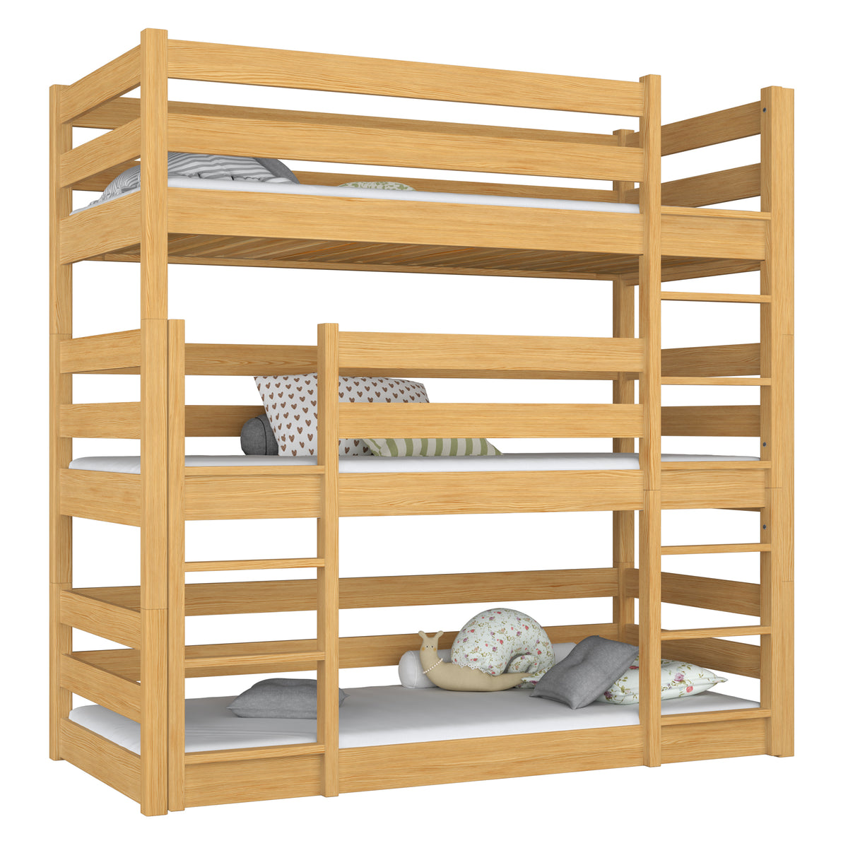 Triple bunk bed wooden natural pine – three sleeping places, scandi children’s room