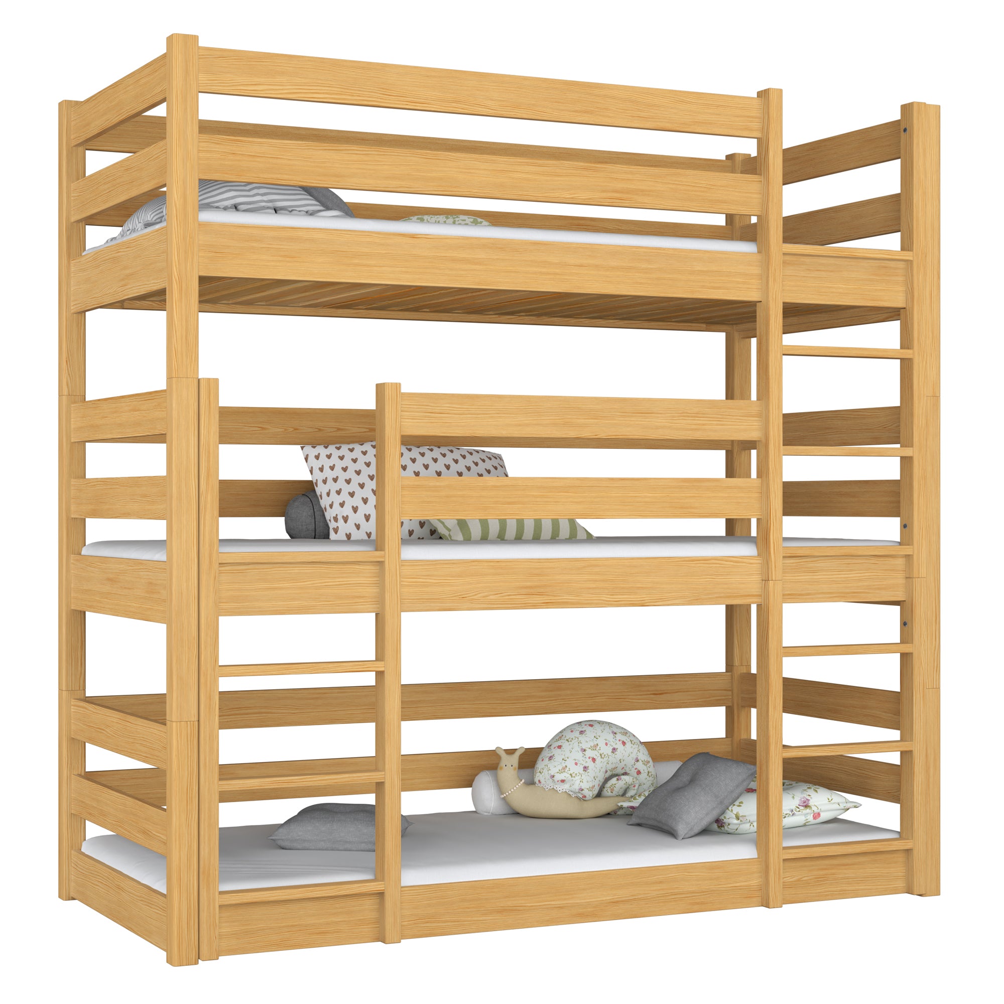 Triple bunk bed wooden natural pine – three sleeping places, scandi children’s room