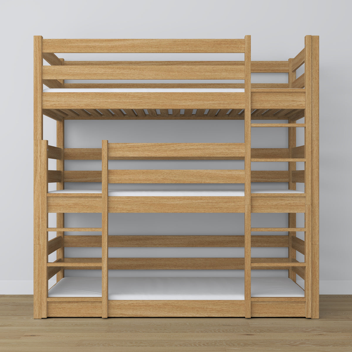 Letto 3-a castello quercia naturale – scala e sponde sicurezza, in legno