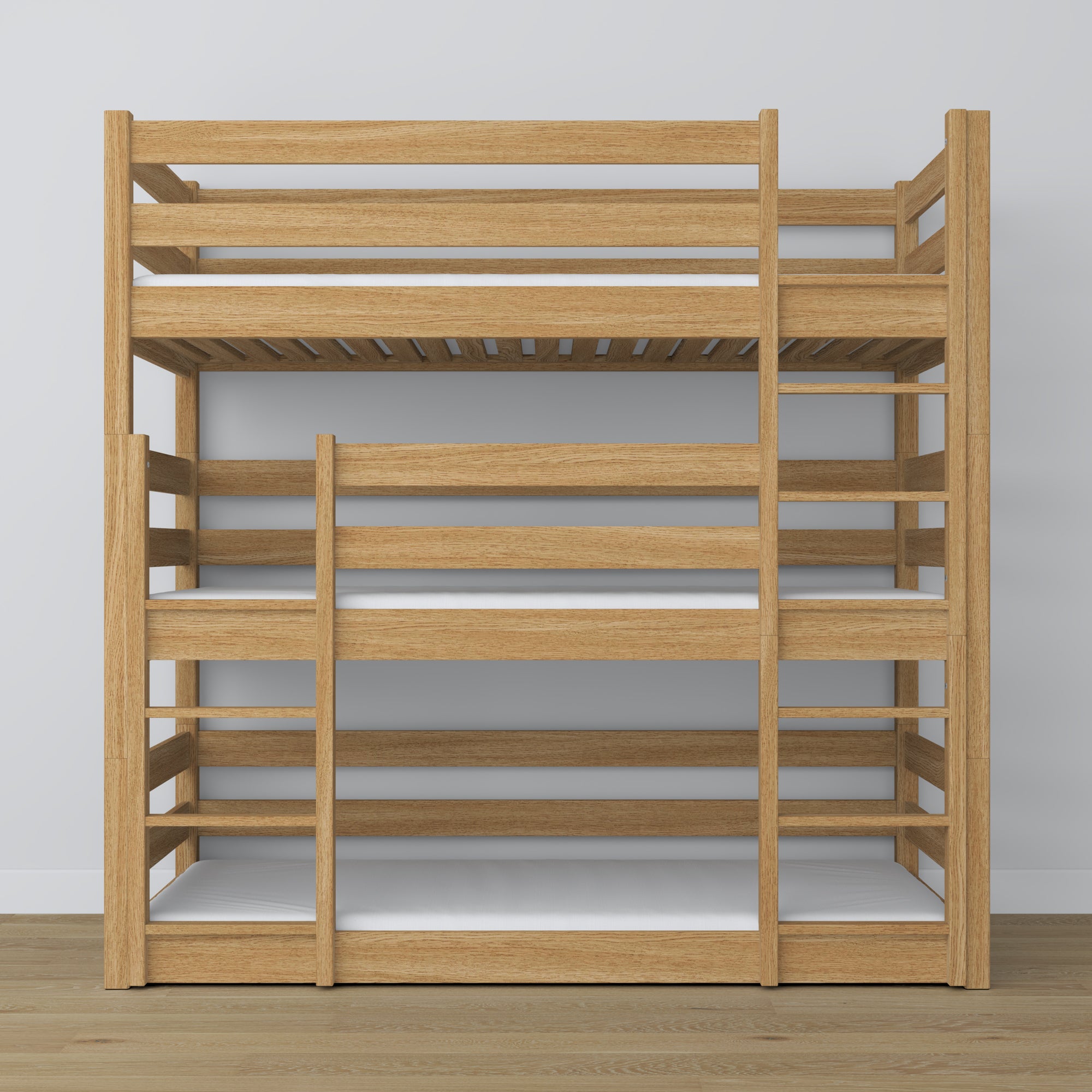 Letto 3-a castello quercia naturale – scala e sponde sicurezza, in legno