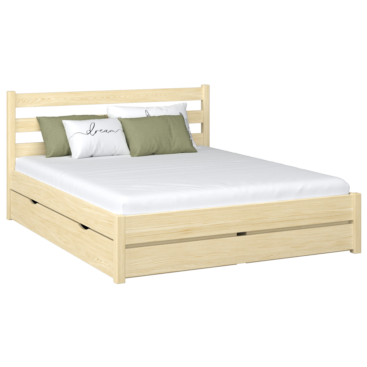 Wooden double bed with drawer N01 clear pine – overall view, solid pine wood