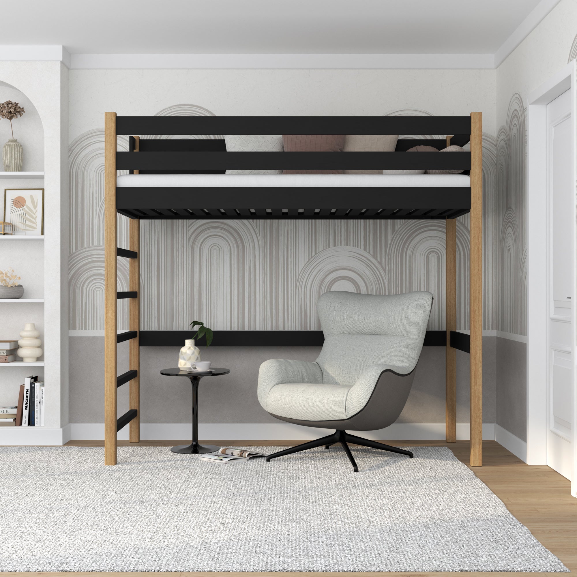 Black and Oak Wooden Loft Bed – Children’s Room, Solid Wood, Scandi Style