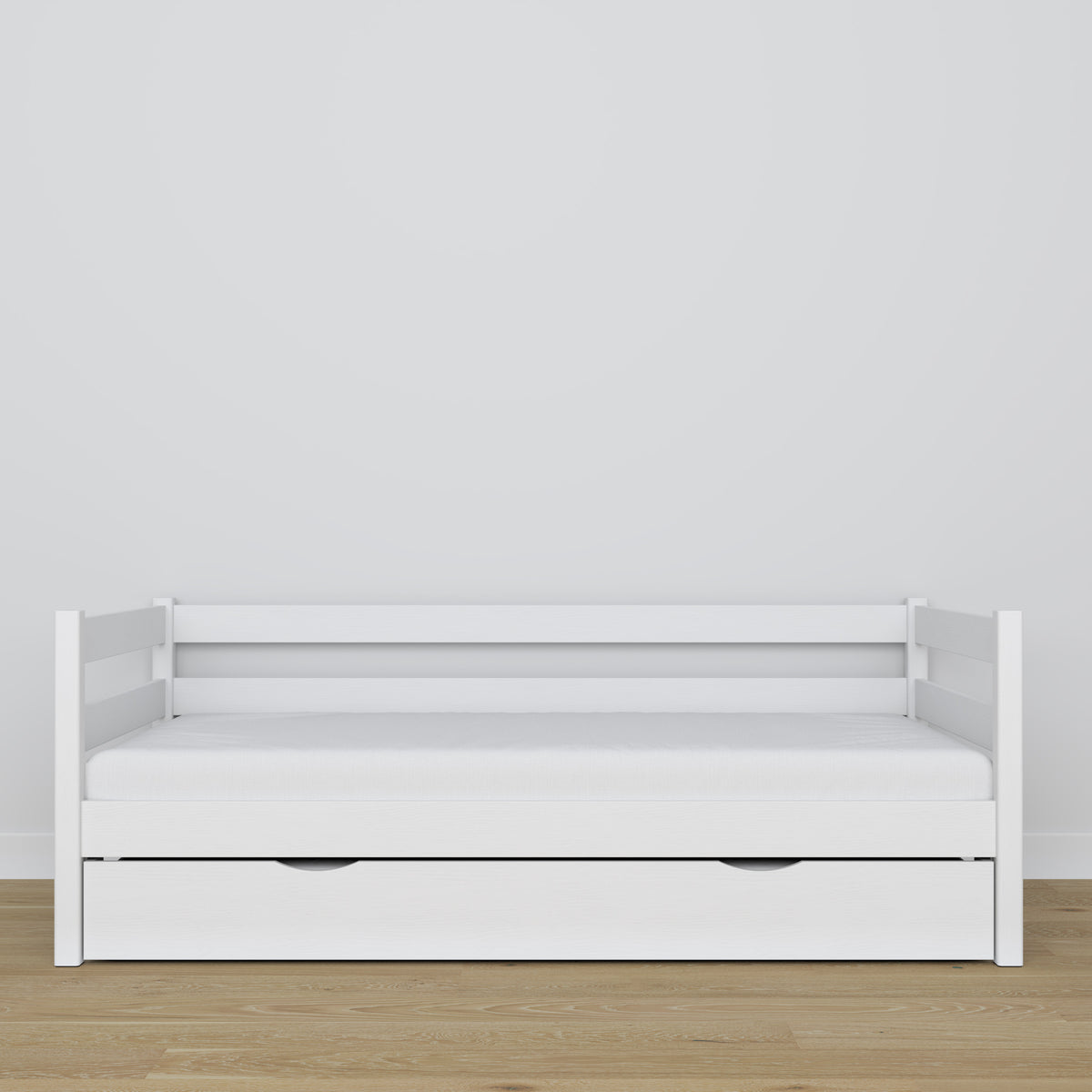 Łóżko sofa z szufladą na materac biały z drewna – wymiary, Nizio