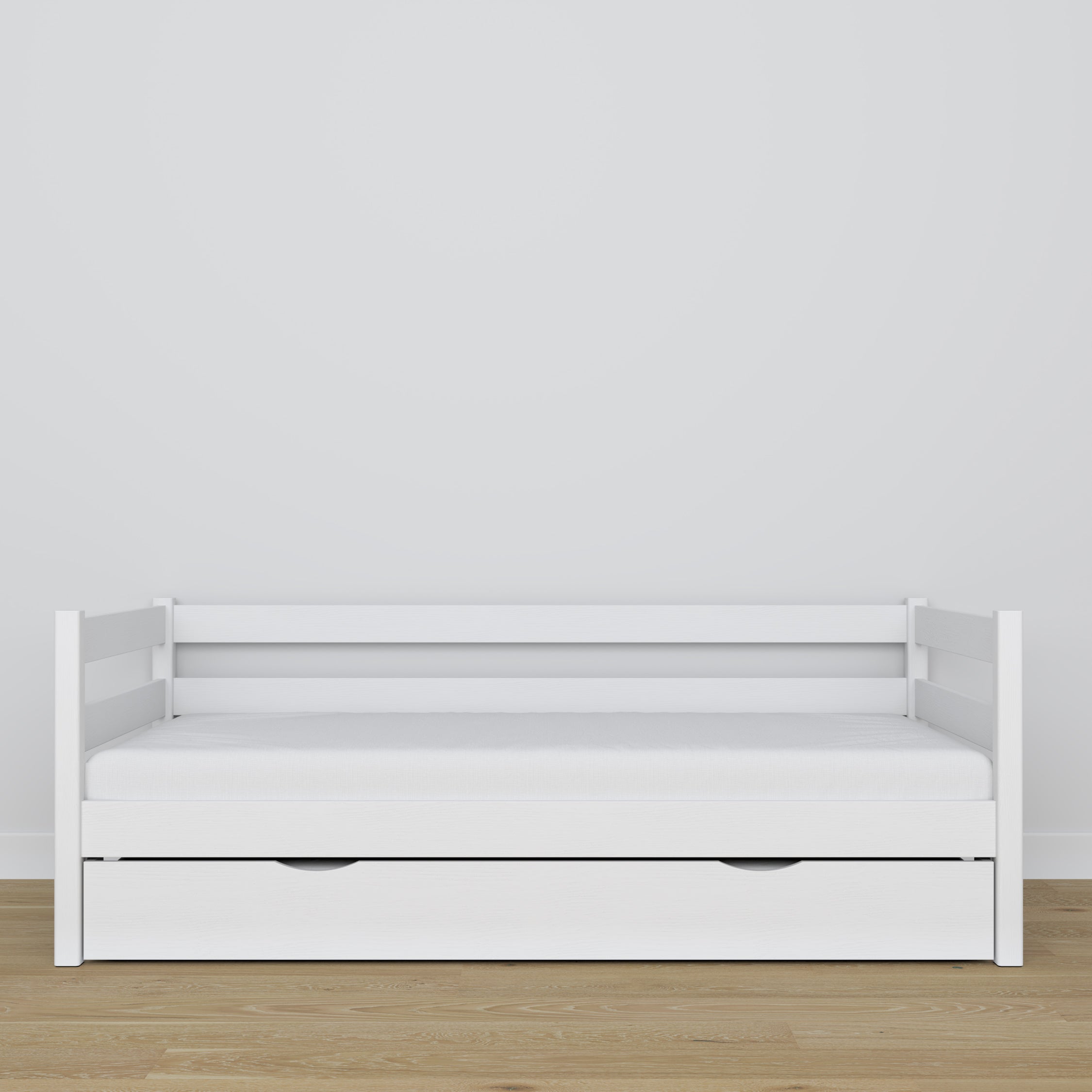 Łóżko sofa z szufladą na materac biały z drewna – wymiary, Nizio