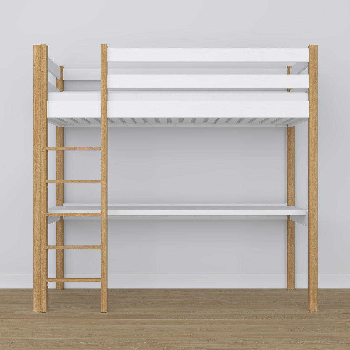 Letto a soppalco bianco-quercia con scrivania – spazio studio sotto il letto, in legno