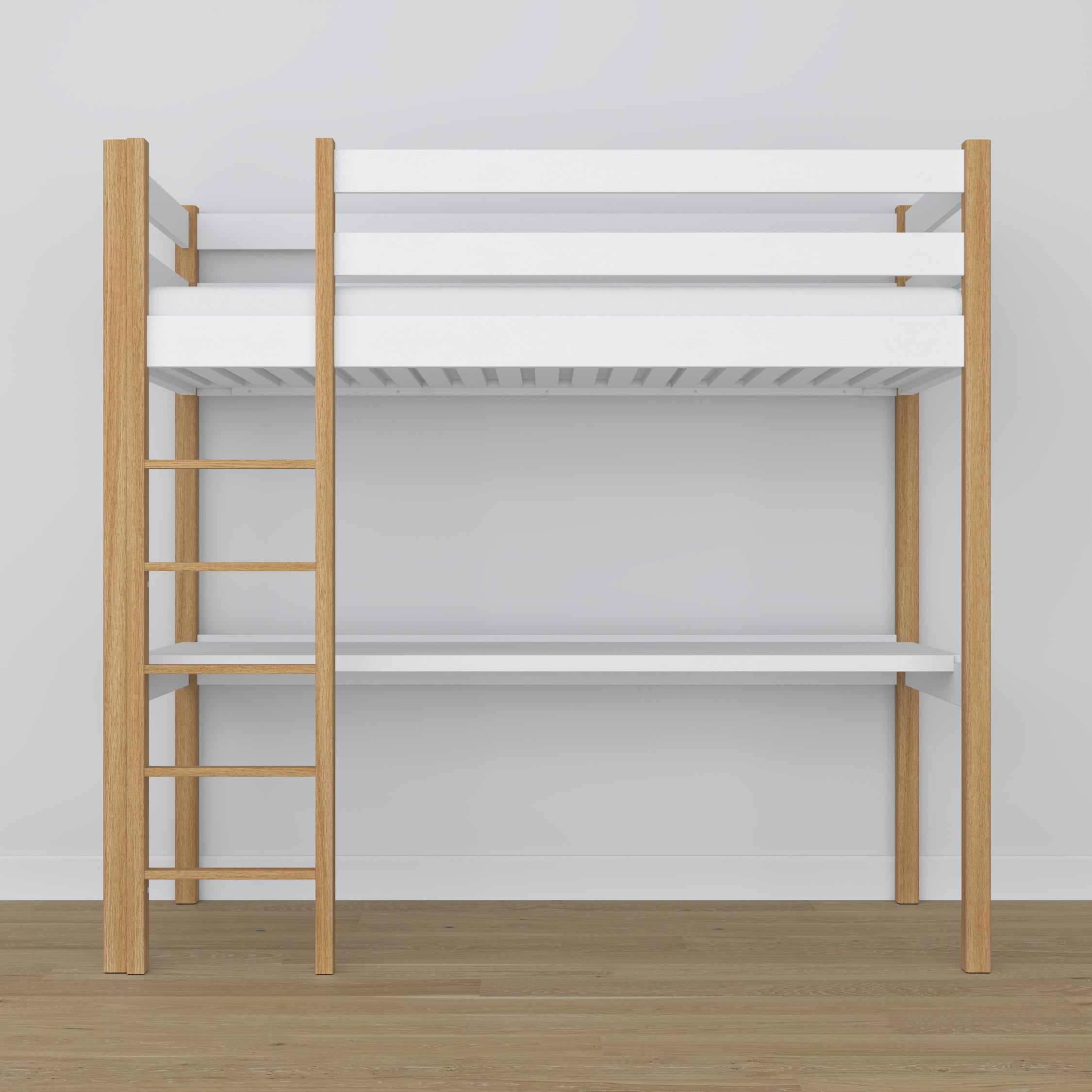 Letto a soppalco bianco-quercia con scrivania – spazio studio sotto il letto, in legno