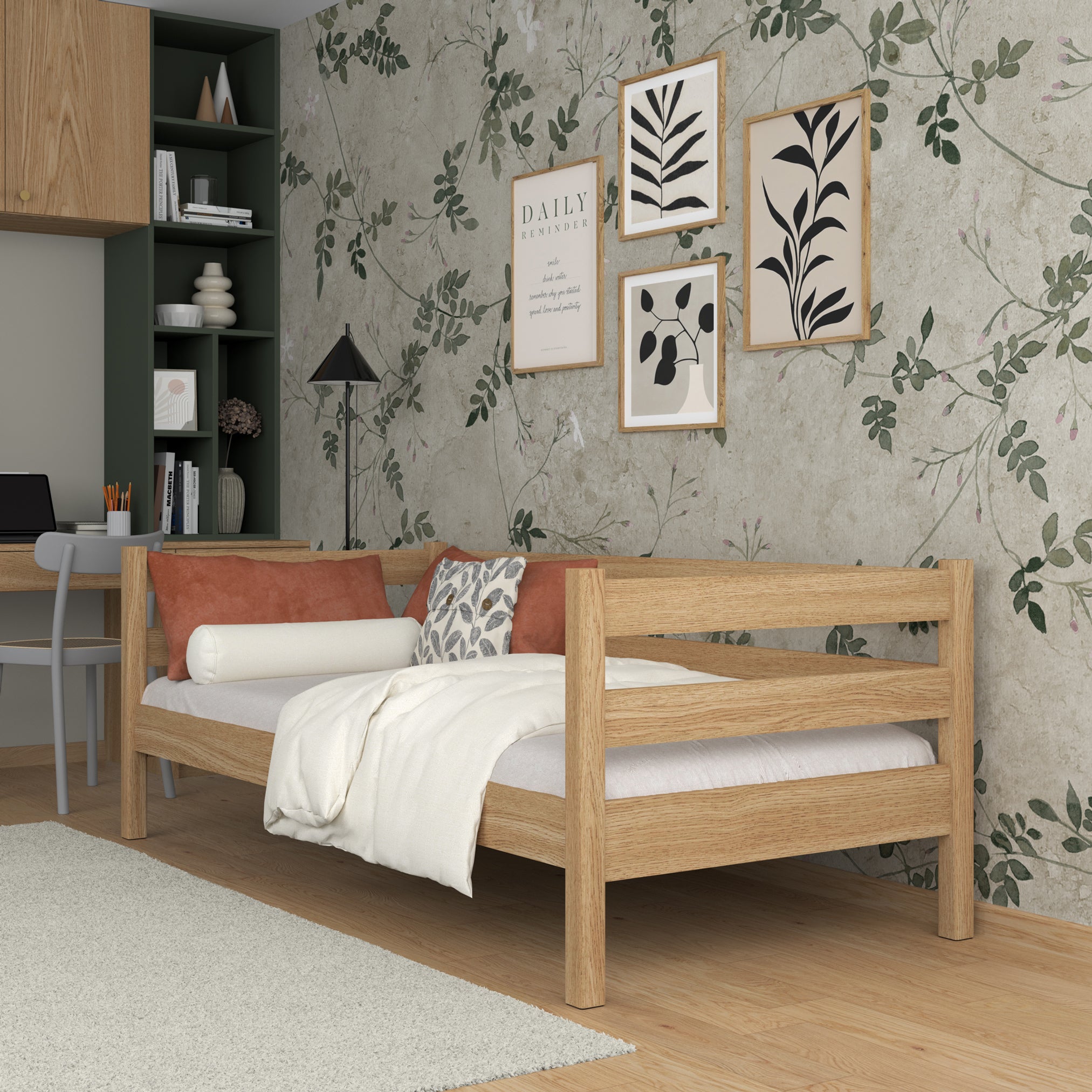 Letto divano in rovere naturale – vista laterale, volume del mobile del mobile e proporzioni del mobile