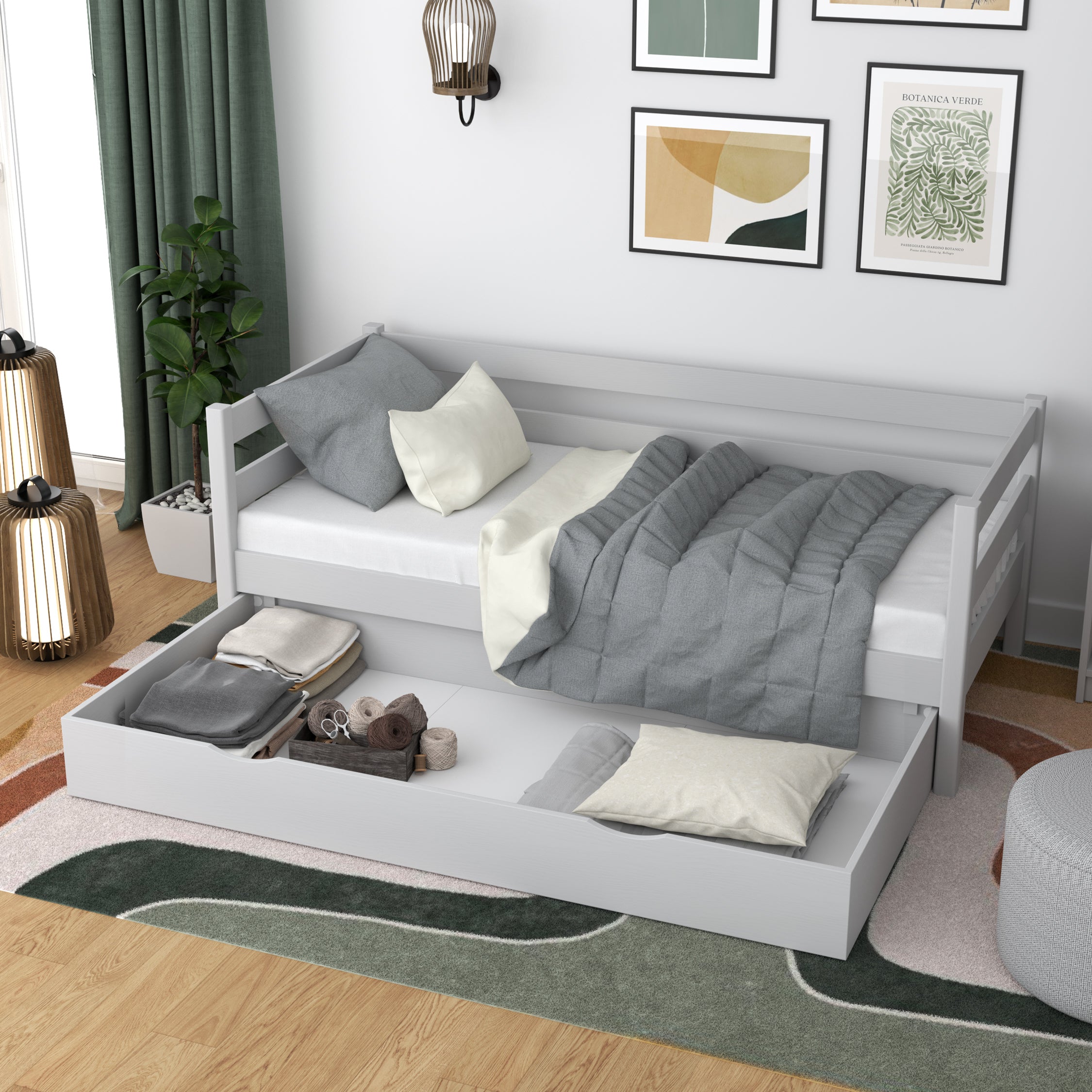 Łóżko sofa drewniane popielaty – szuflada otwarta, schowek na pościel