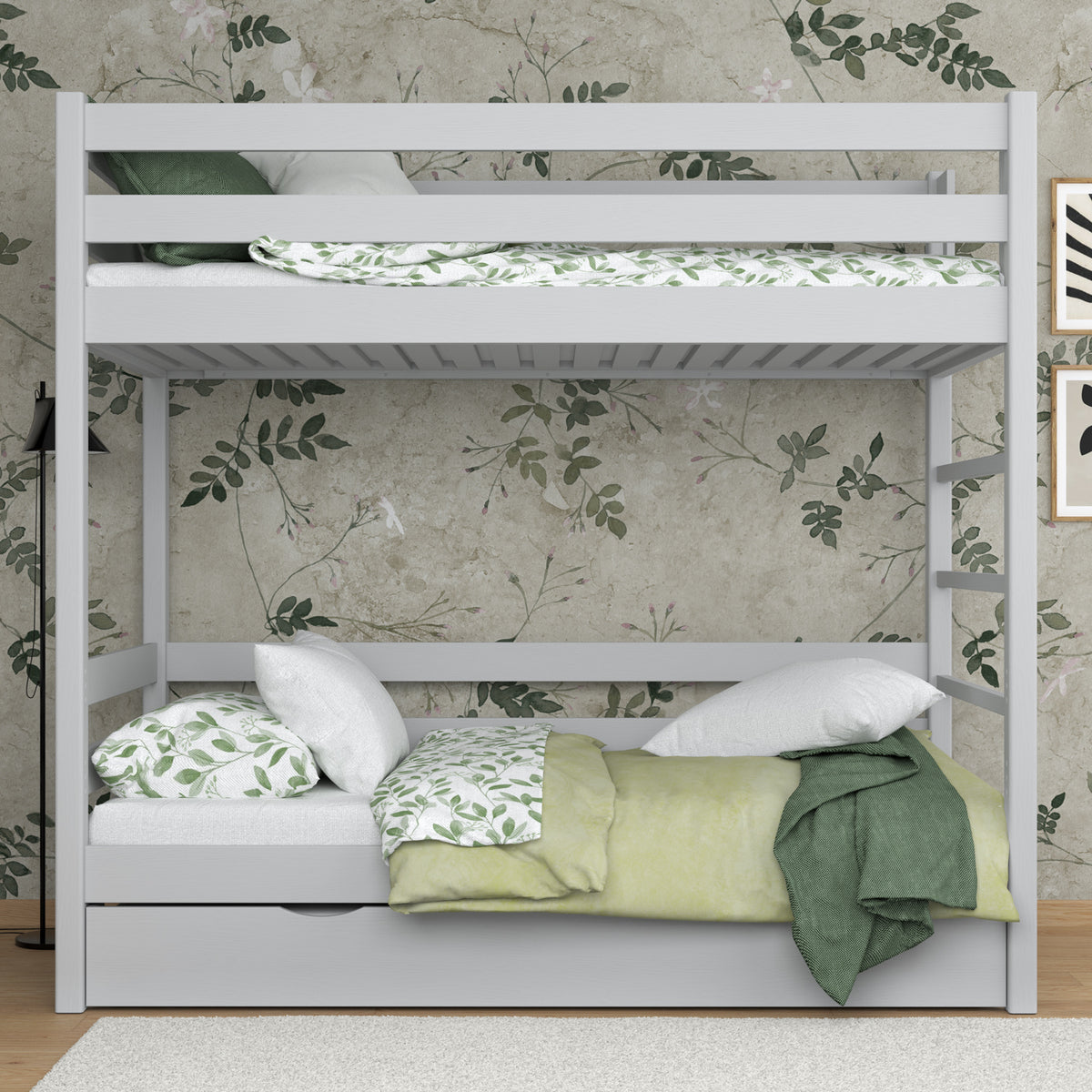 Grey Wooden Bunk Bed – Ladder, Rails, Drawer for Extra Mattress