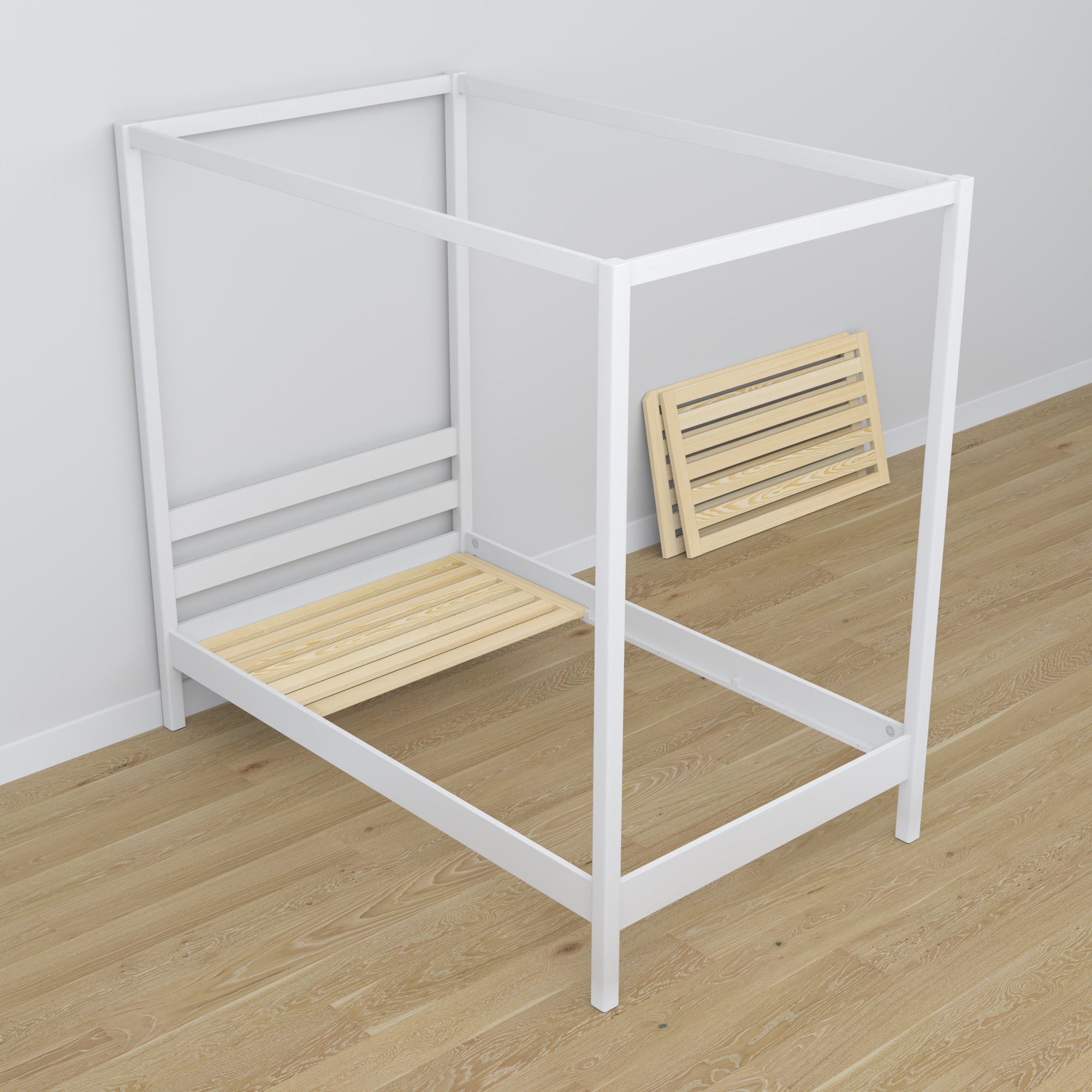 Canopy Bed White – Wooden Joints, Close-up, Nizio Home