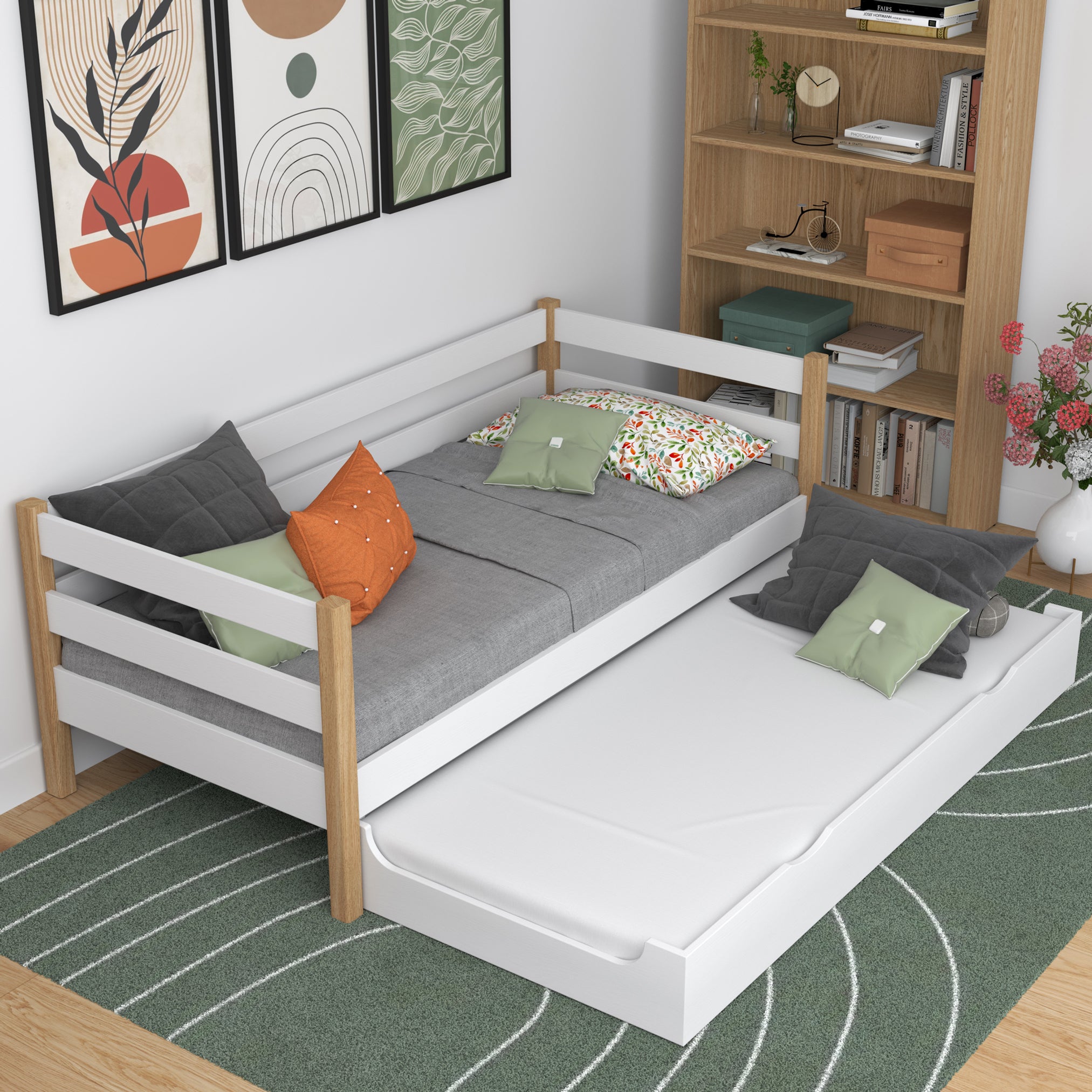 Letto divano in legno bianco-quercia – cassetto per materasso estratto, per ospiti