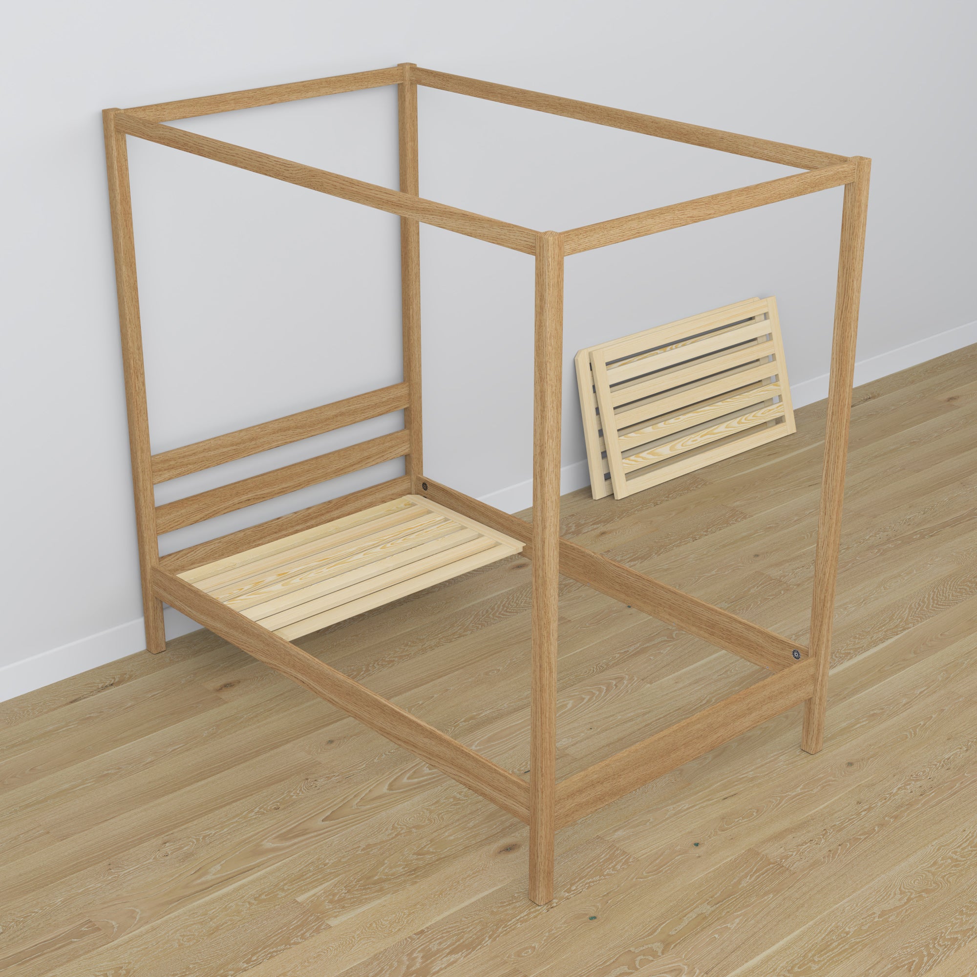 Letto con baldacchino in rovere naturale – allestimento nella cameretta dei bambini scandi