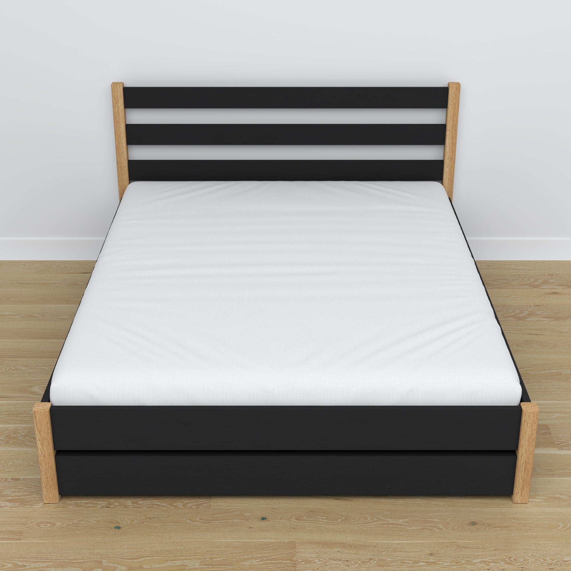 Double bed with wooden drawer black with oak – angled view, scandi bedroom