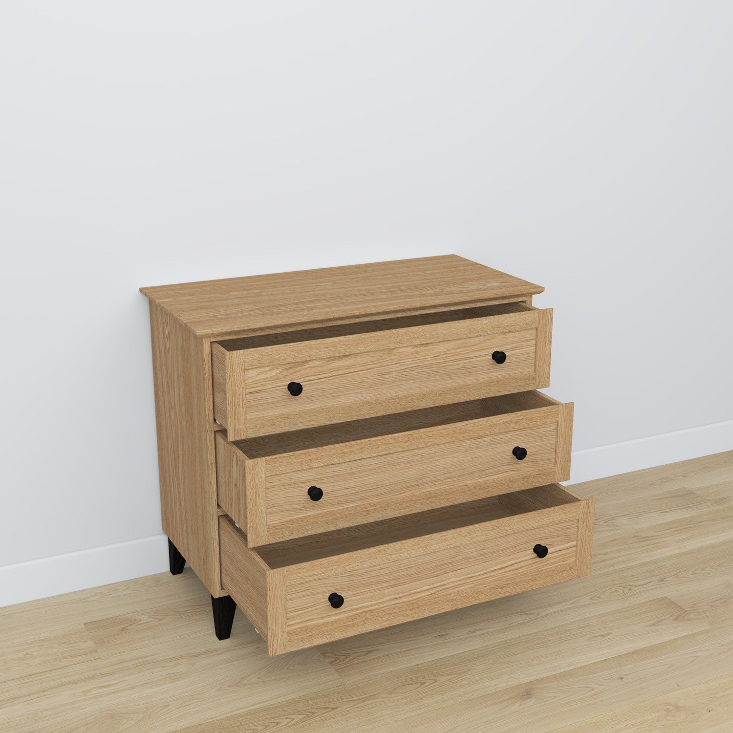 Chest of drawers 3S natural oak with black oak wood – side view, compact structure
