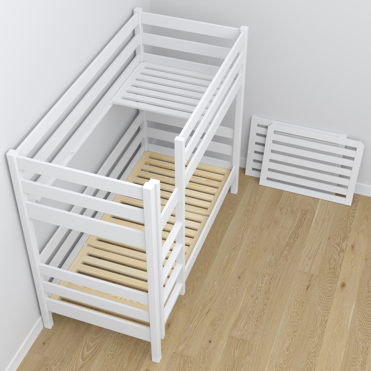 White Wooden Bunk Bed with Drawer – Scandinavian Design, Nizio