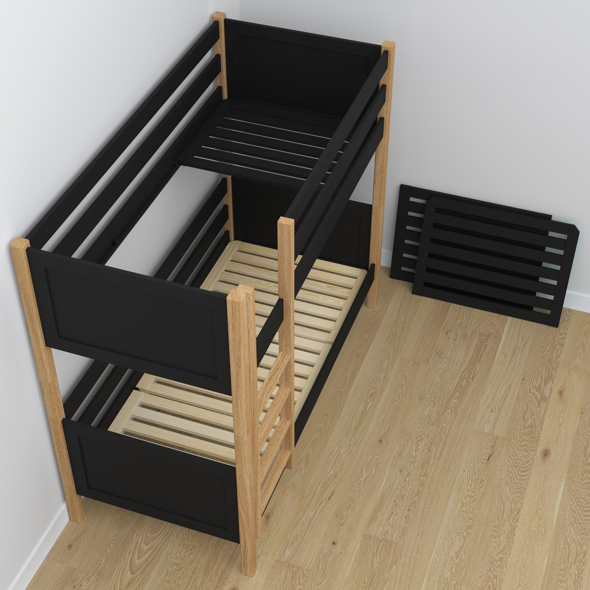 Black and Oak Wooden Bunk Bed – Slatted Frame, Durable Joinery Joints