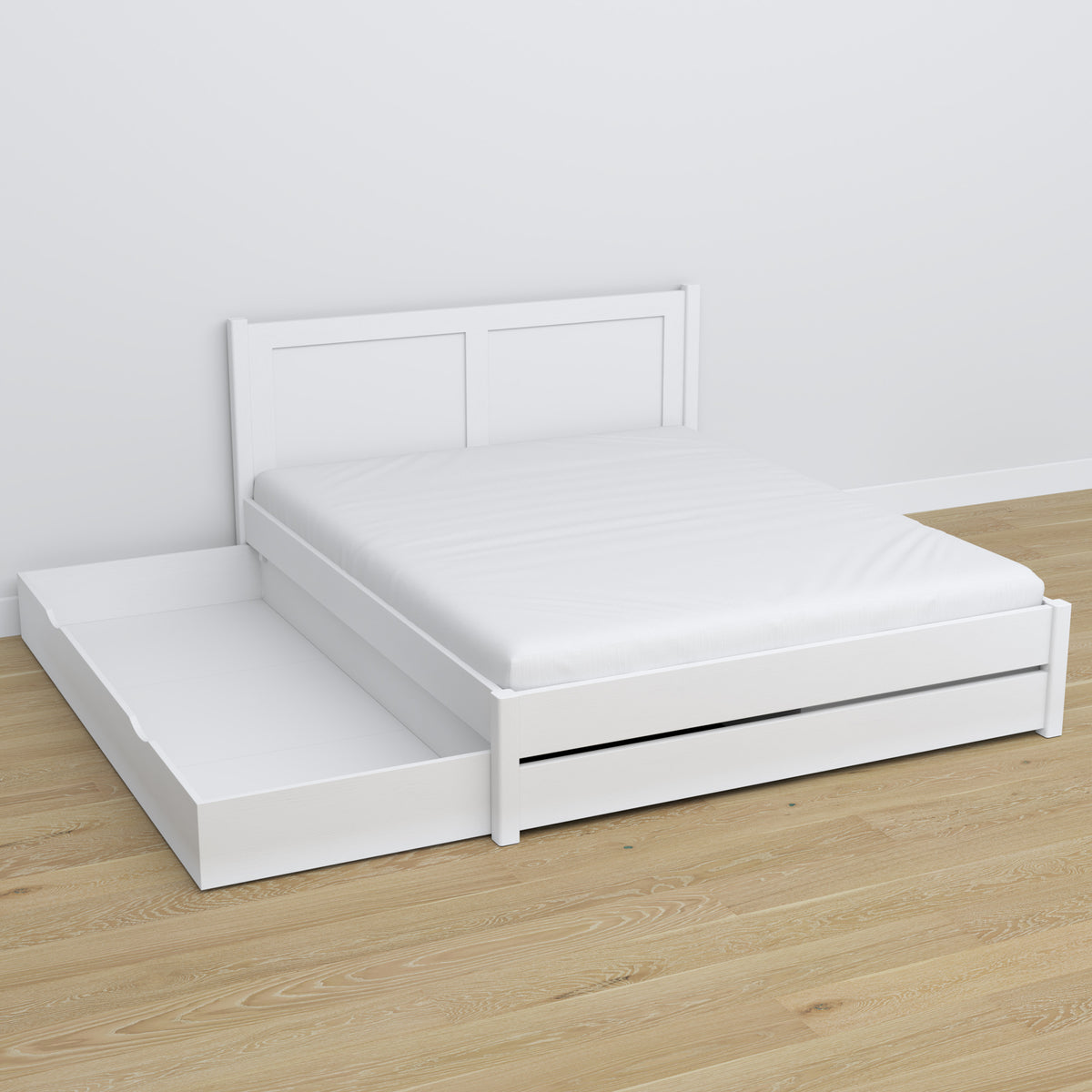 Letto matrimoniale bianco con cassetto in camera da letto – allestimento scandinava