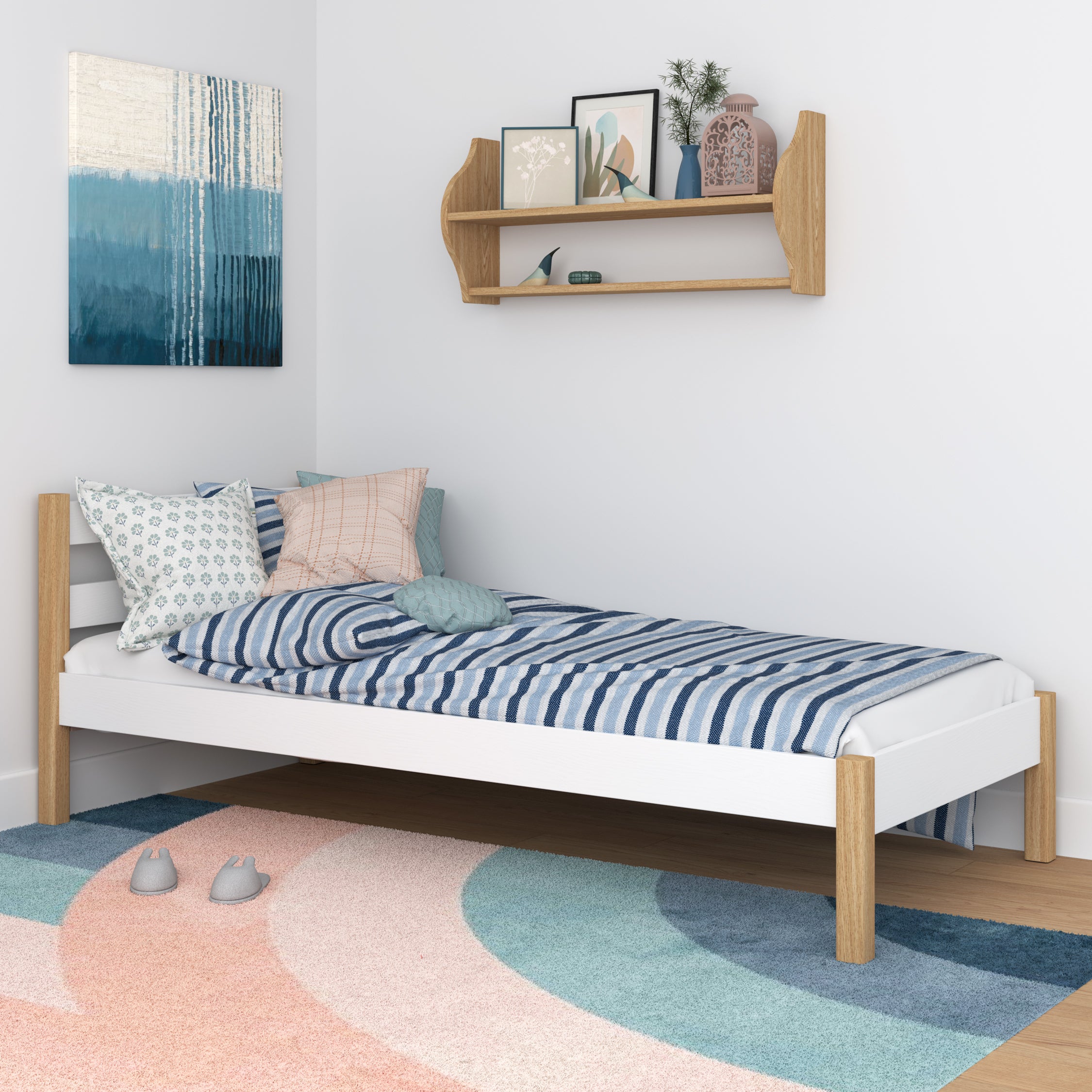 Bed white/oak – wooden headboard, close-up on wood quality, Nizio