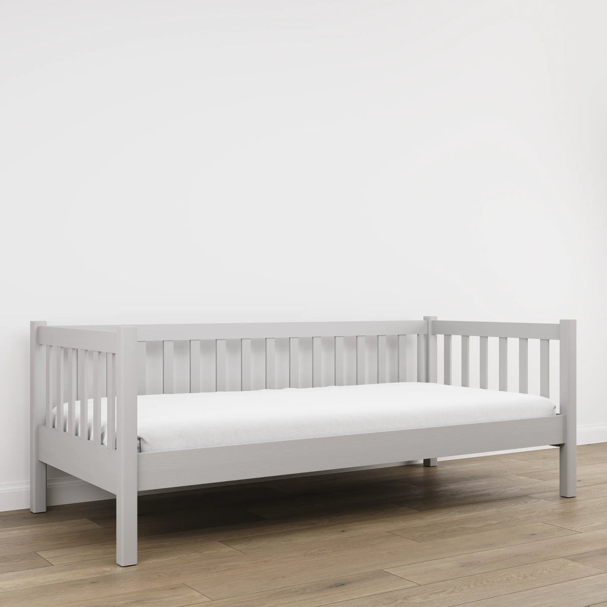 Letto divano grigio – laterale sponda in legno, sicurezza per bambini