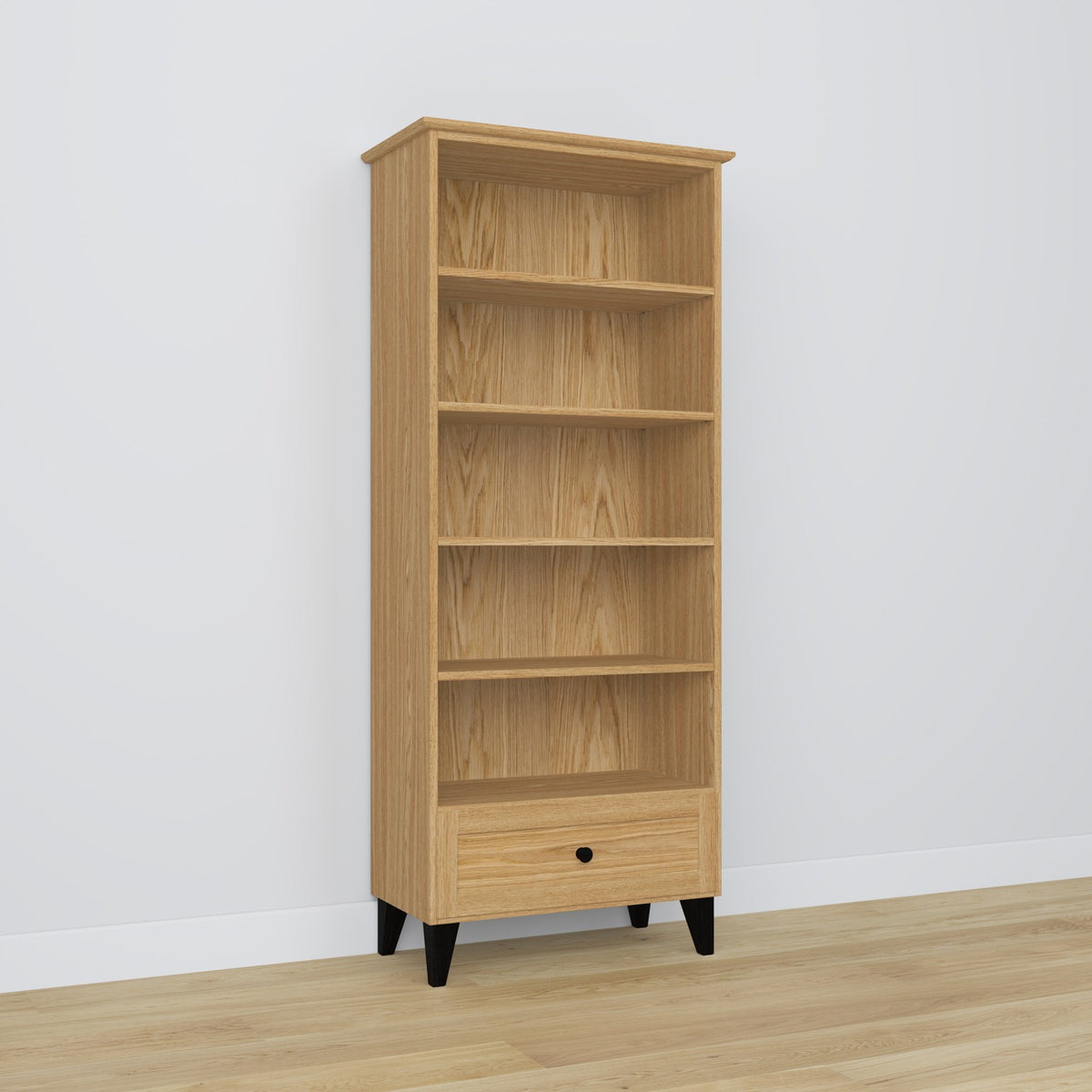 Scaffale 1S in rovere naturale con nero – cassetto aperto, vano per piccoli oggetti