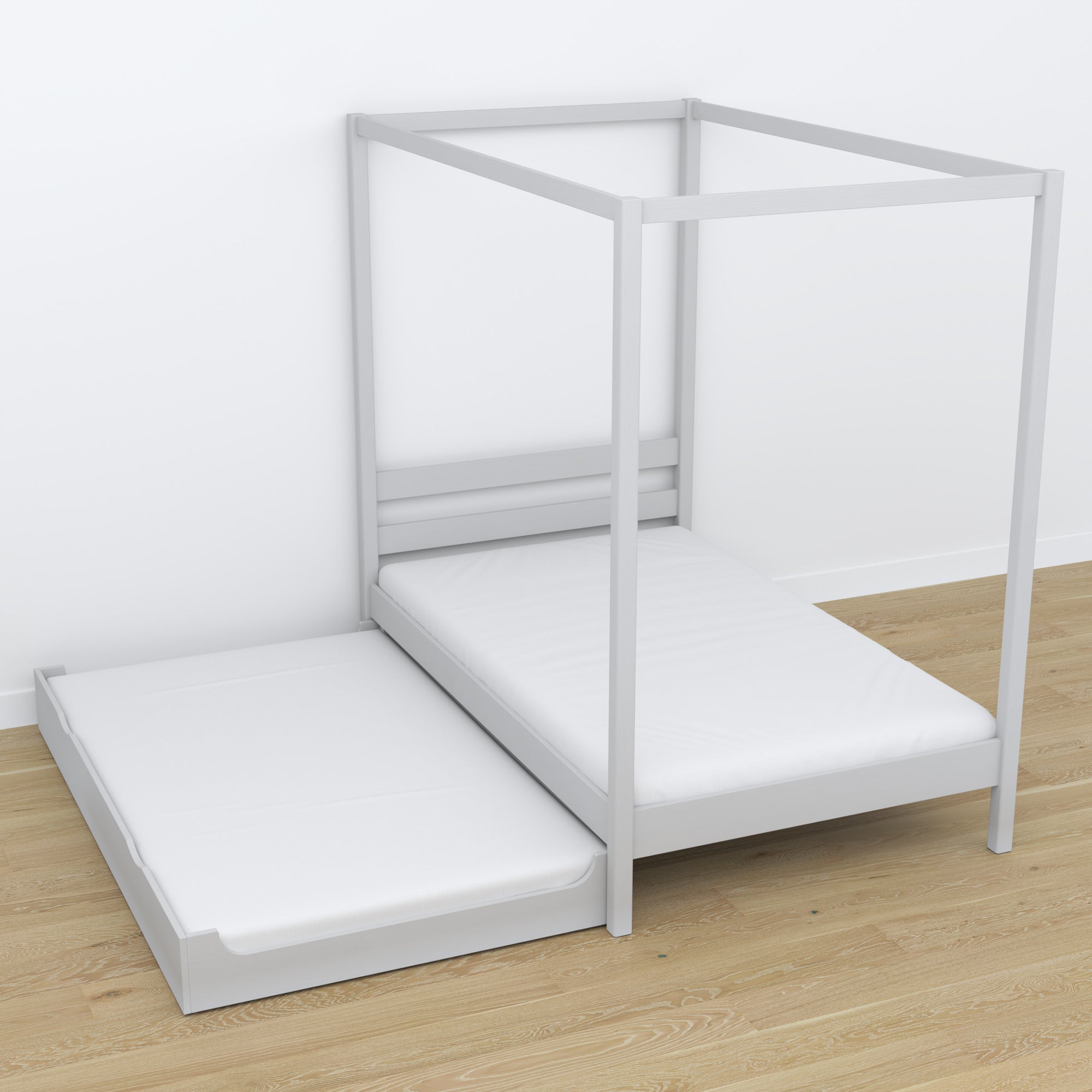Bed grey with canopy and drawer – side view, wooden, Nizio