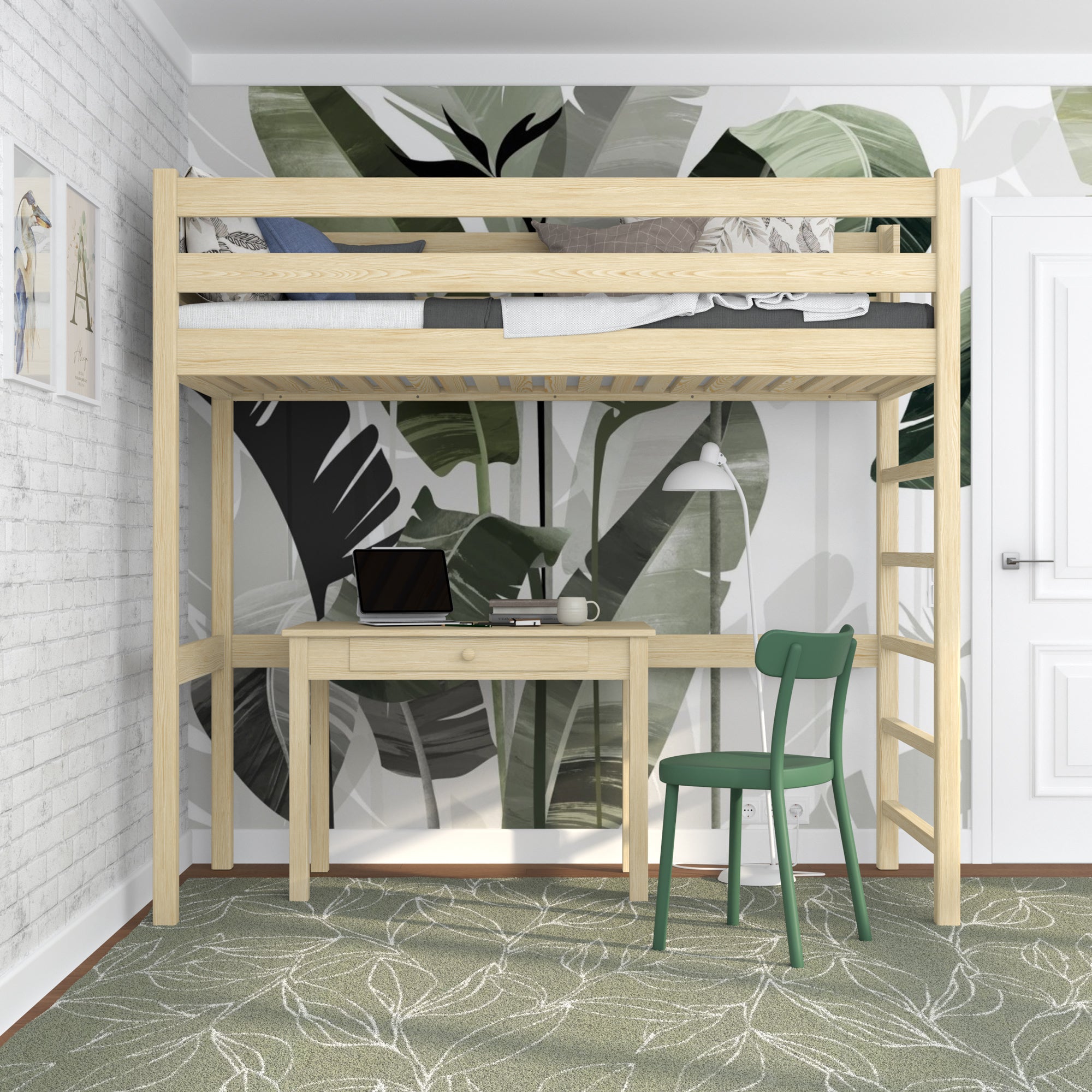 Letto a soppalco pino trasparente – scala e sponda in legno, Nizio Home