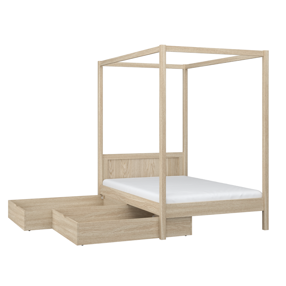 Letto quercia sbiancata con baldacchino e cassetto – vista laterale, in quercia